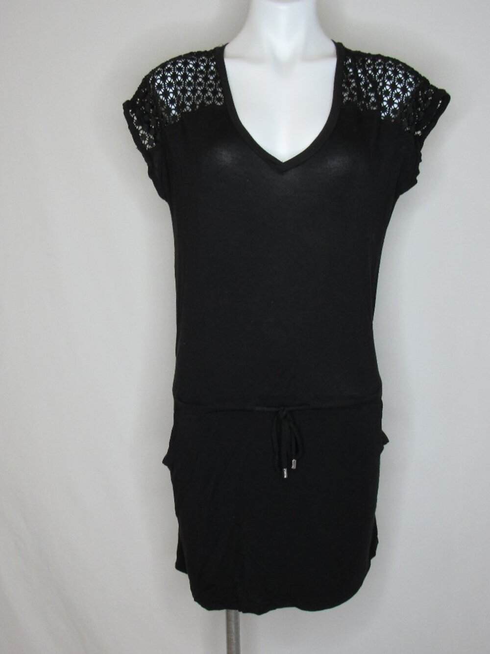Calvin Klein Swimwear Black Drop Tie Waist Cover Up Dress Crochet Lace Neck S M